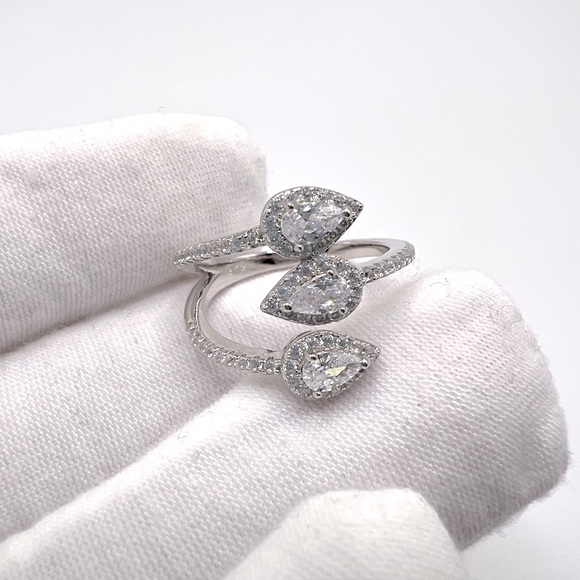 Halo Triple Pear .925 Sterling Silver Wrap Design Cz Ring - Picture 3 of 15